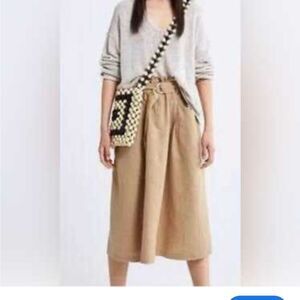 Zara Tan Linen Paperbag Pleated Full Midi Skirt | M